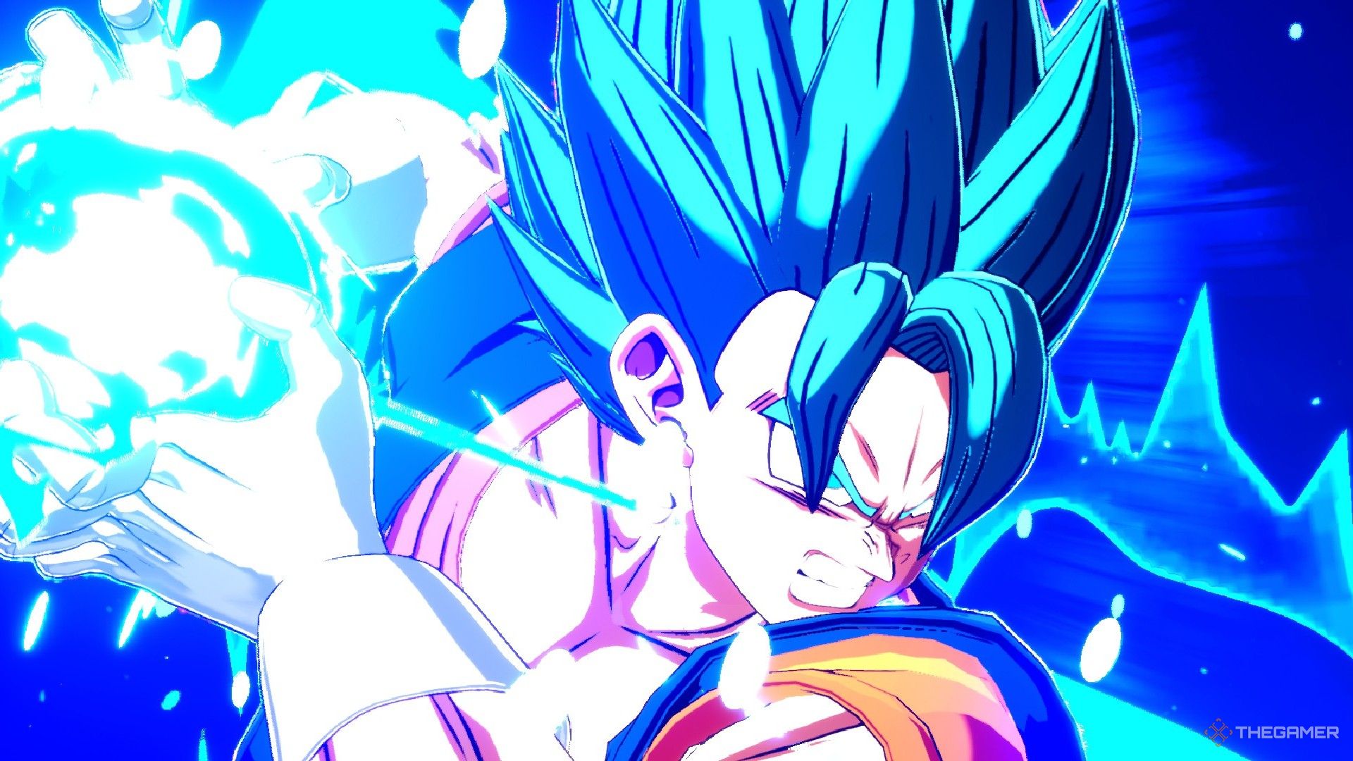 Dragon Ball Sparking Zero image showing Vegito as a super saiyan blue charging up an attack.