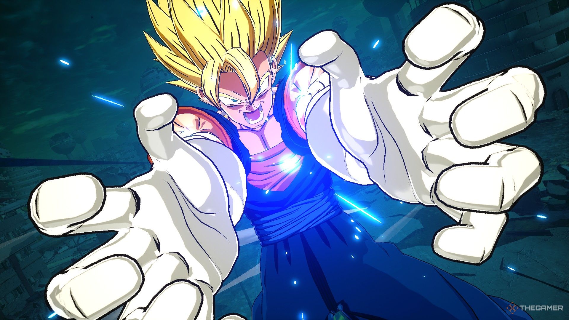 Dragon Ball Sparking Zero image showing Vegito as a super saiyan charging up.