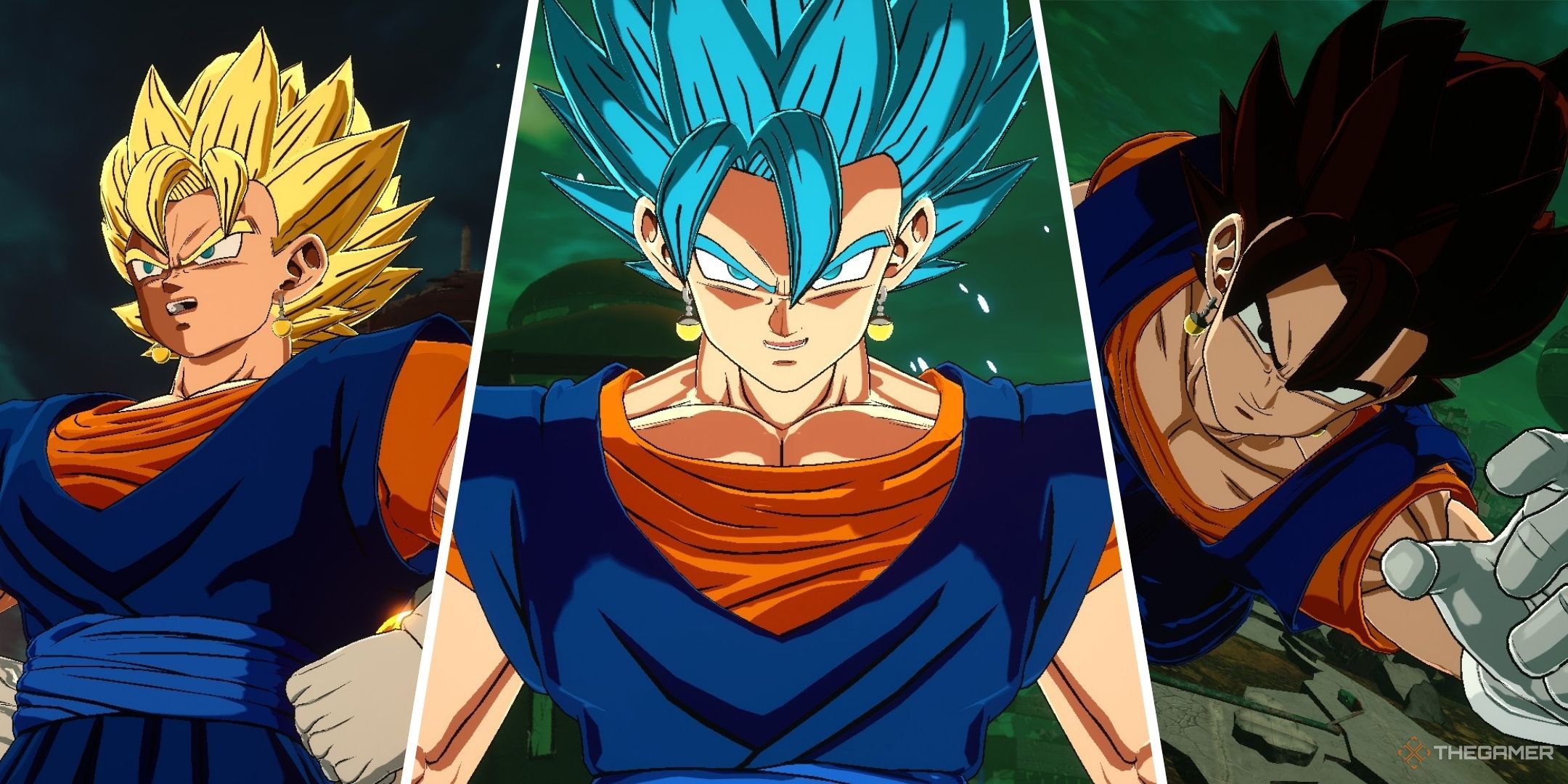 Dragon Ball Sparking Zero image showing Vegito in base, Super Saiyan, and Super Saiyan Blue forms.