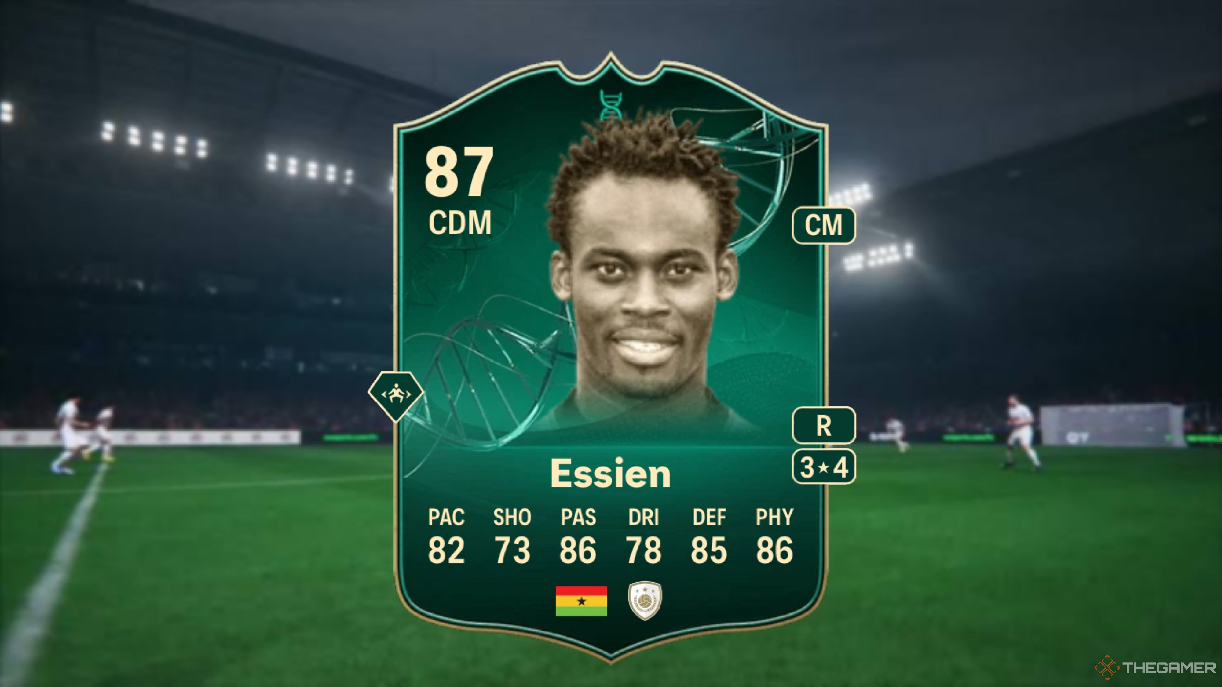 Image showing Essien card against a faded stadium background.