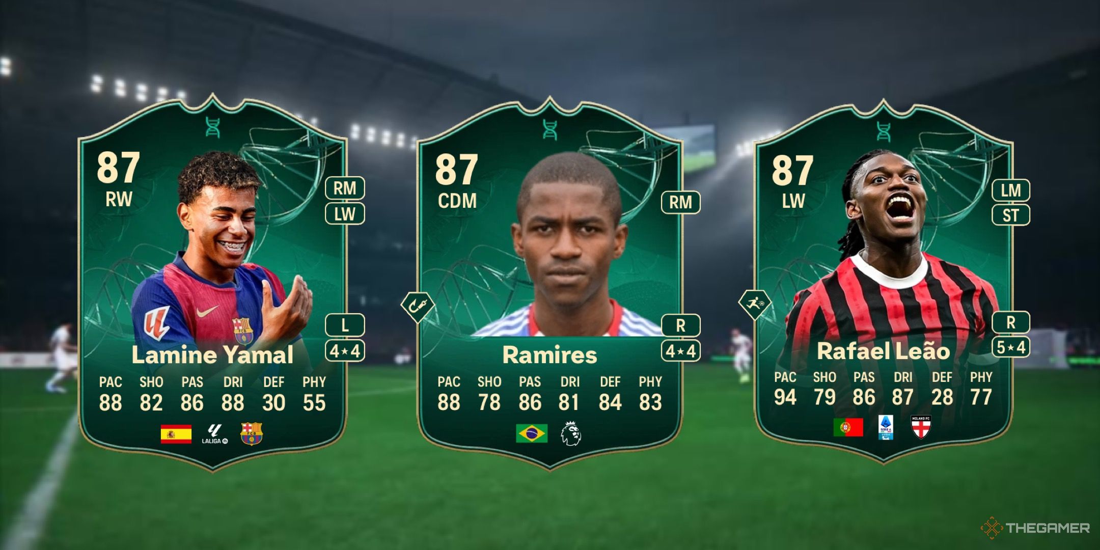 Image showing Yamal, Ramires, and Leão card against a faded pitch background.