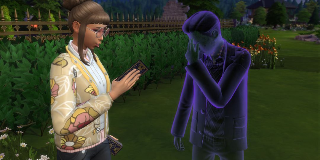 A female Sim offers a Tarot reading to Kai Aether.