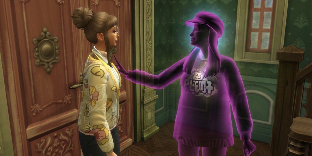 A female Sim gossips with Esther Gomes, a purple ghost.