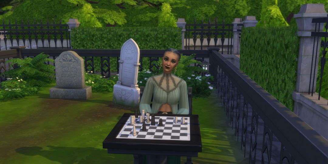 Olive Specter plays chess by herself.