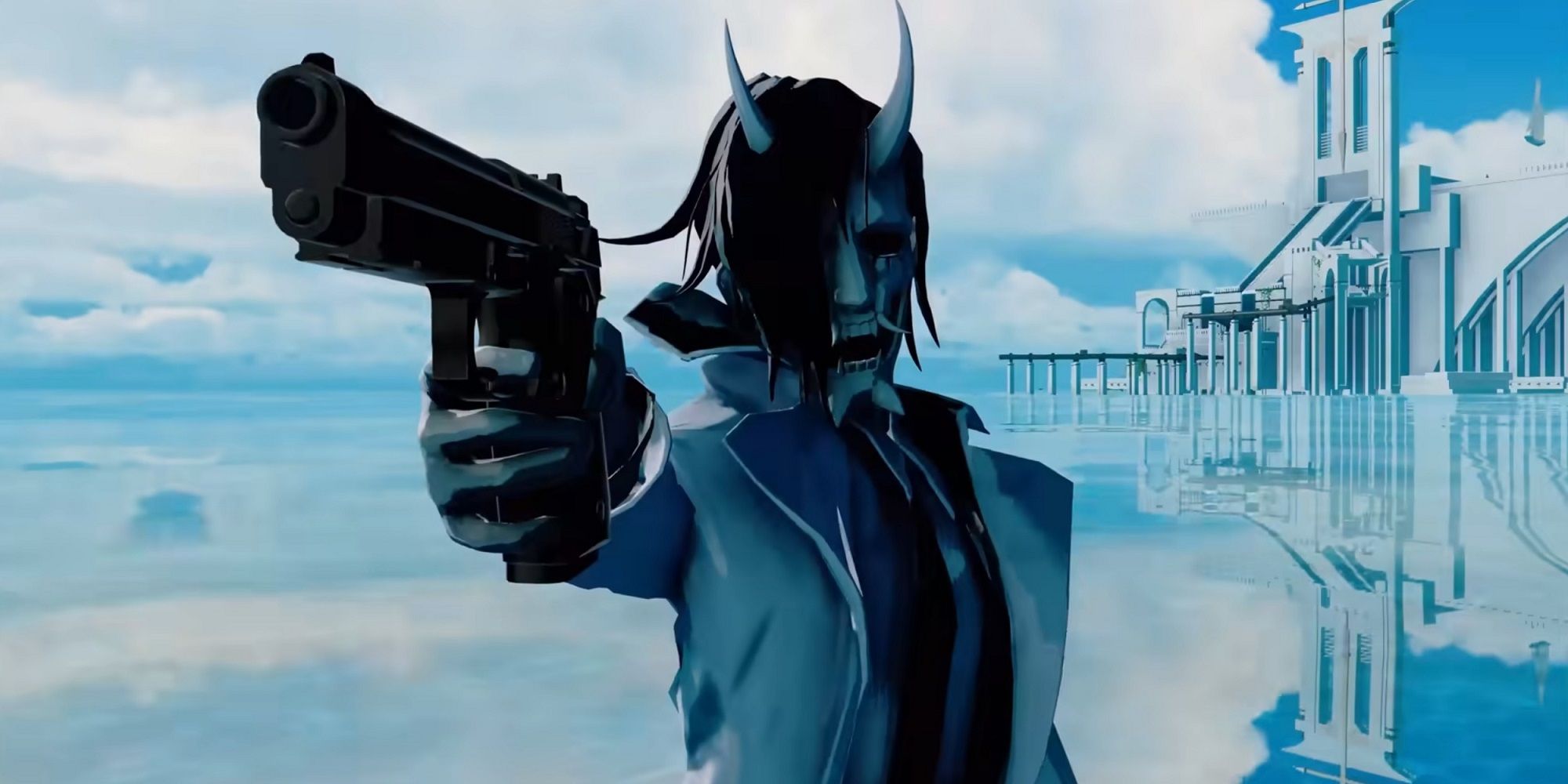 A character in a demon mask holding a pistol in a white suit.