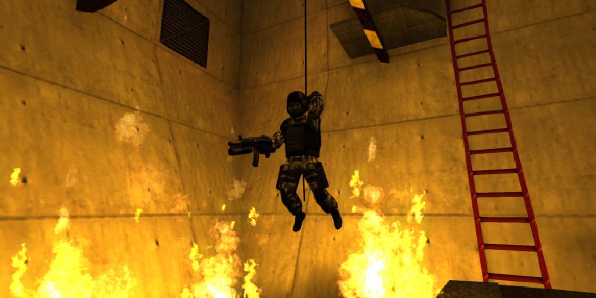 A character with an assault rifle jumps over a fiery floor.