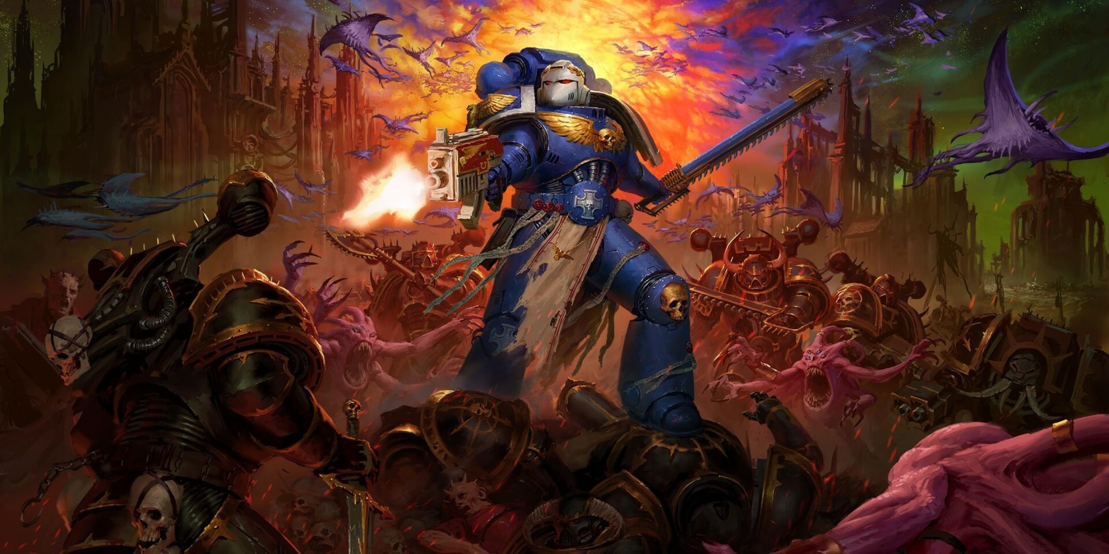 Malum Caedo in space marine armor shooting demons and chaos space marines with a bolter and holding a chainsword.