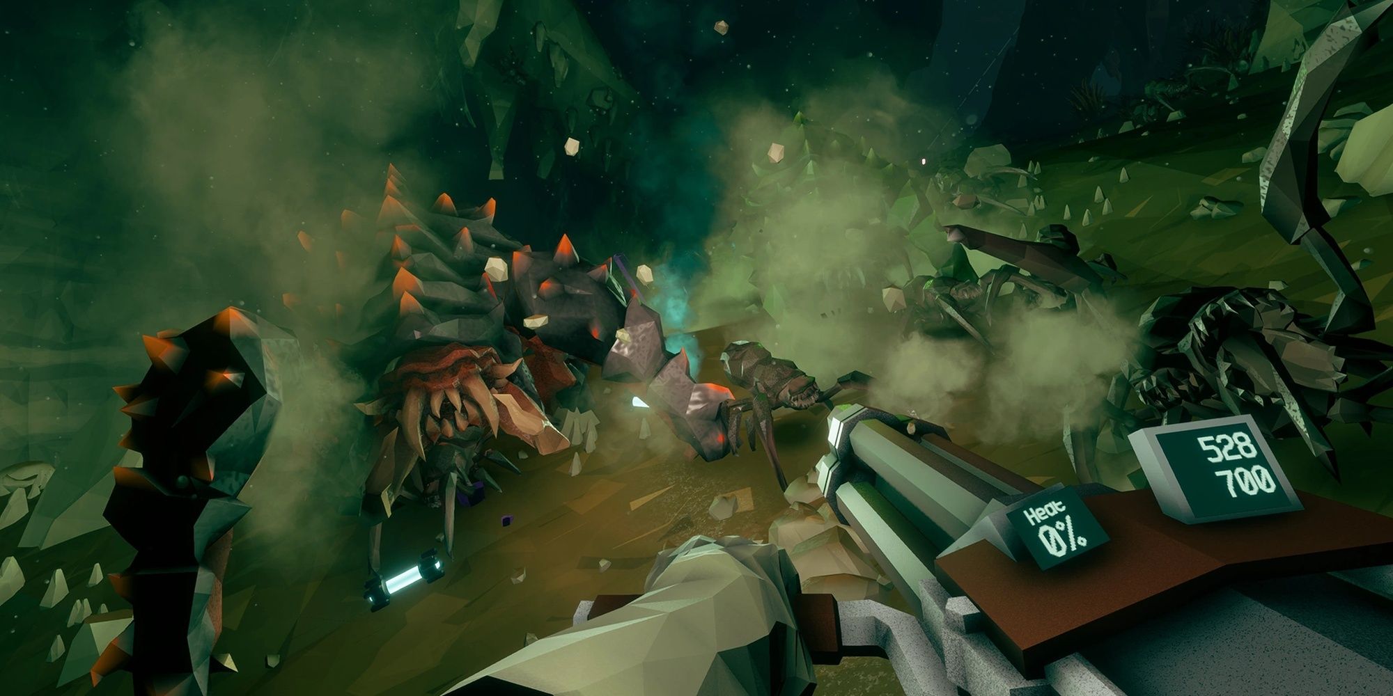 Deep Rock Galactic, a swarm of giant bugs attacks a dwarf mining crew.