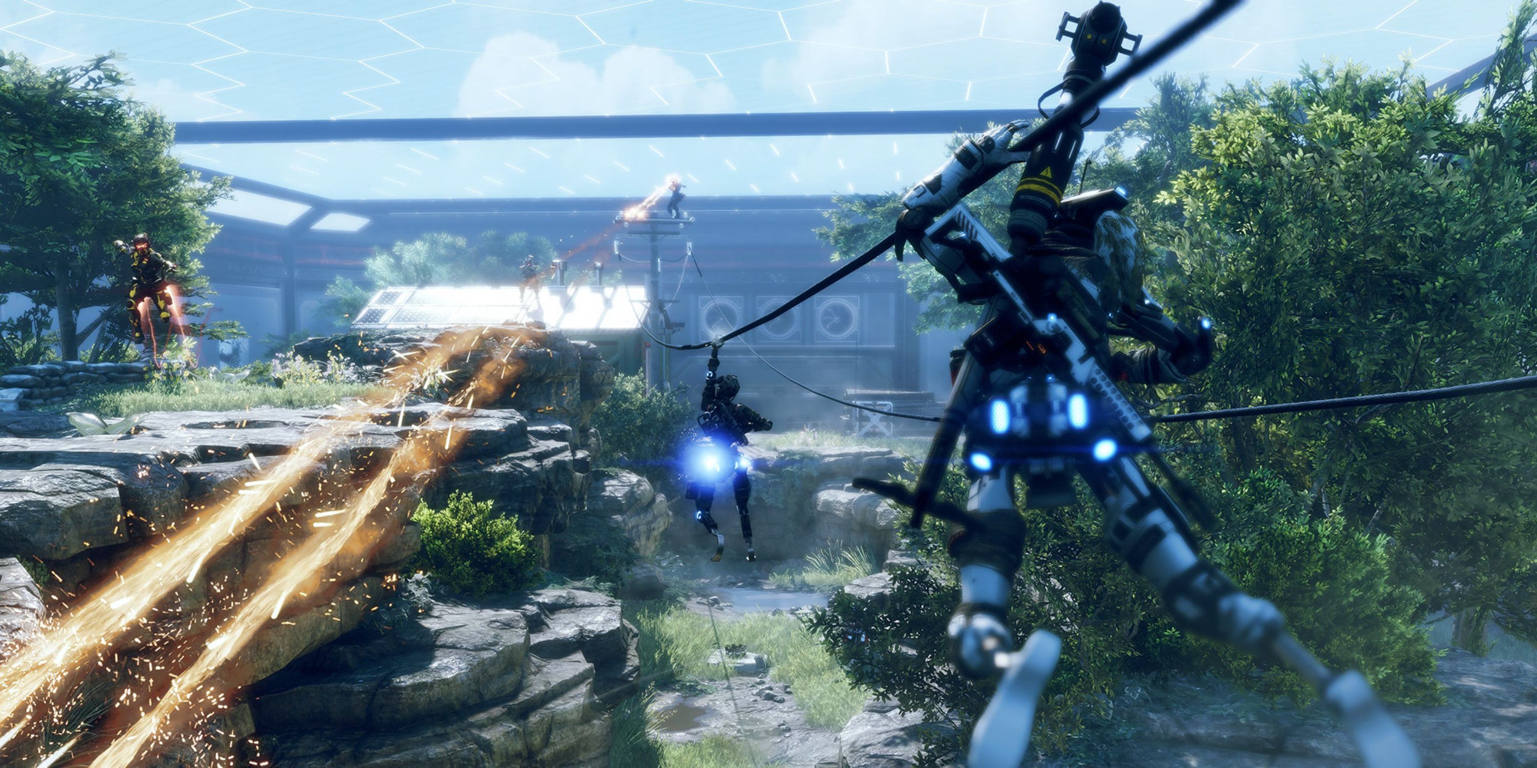 Using Zipline to get across the zones in Titanfall 2.