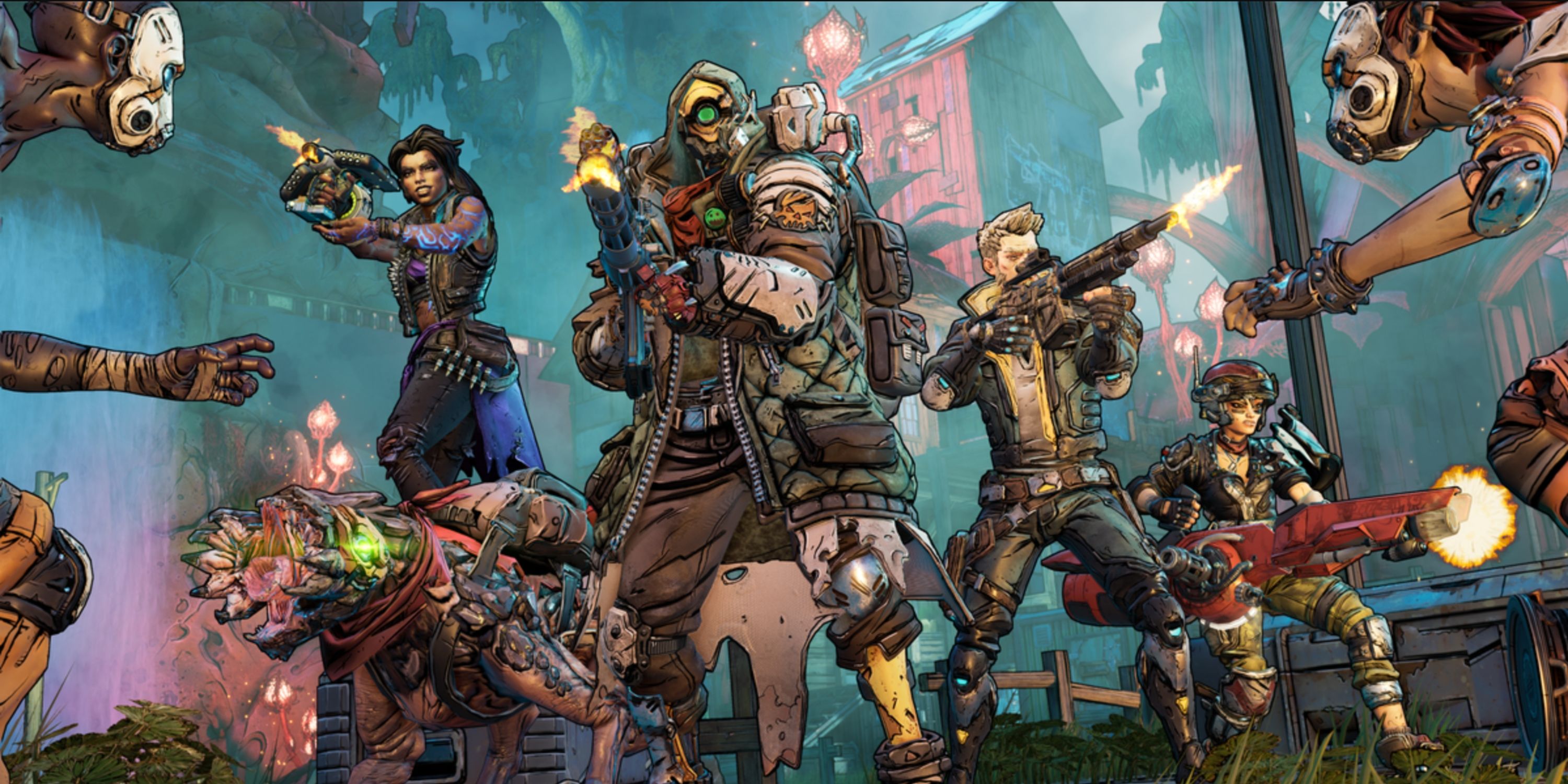 Action scene from borderlands 3 featuring enemies rushing the players.