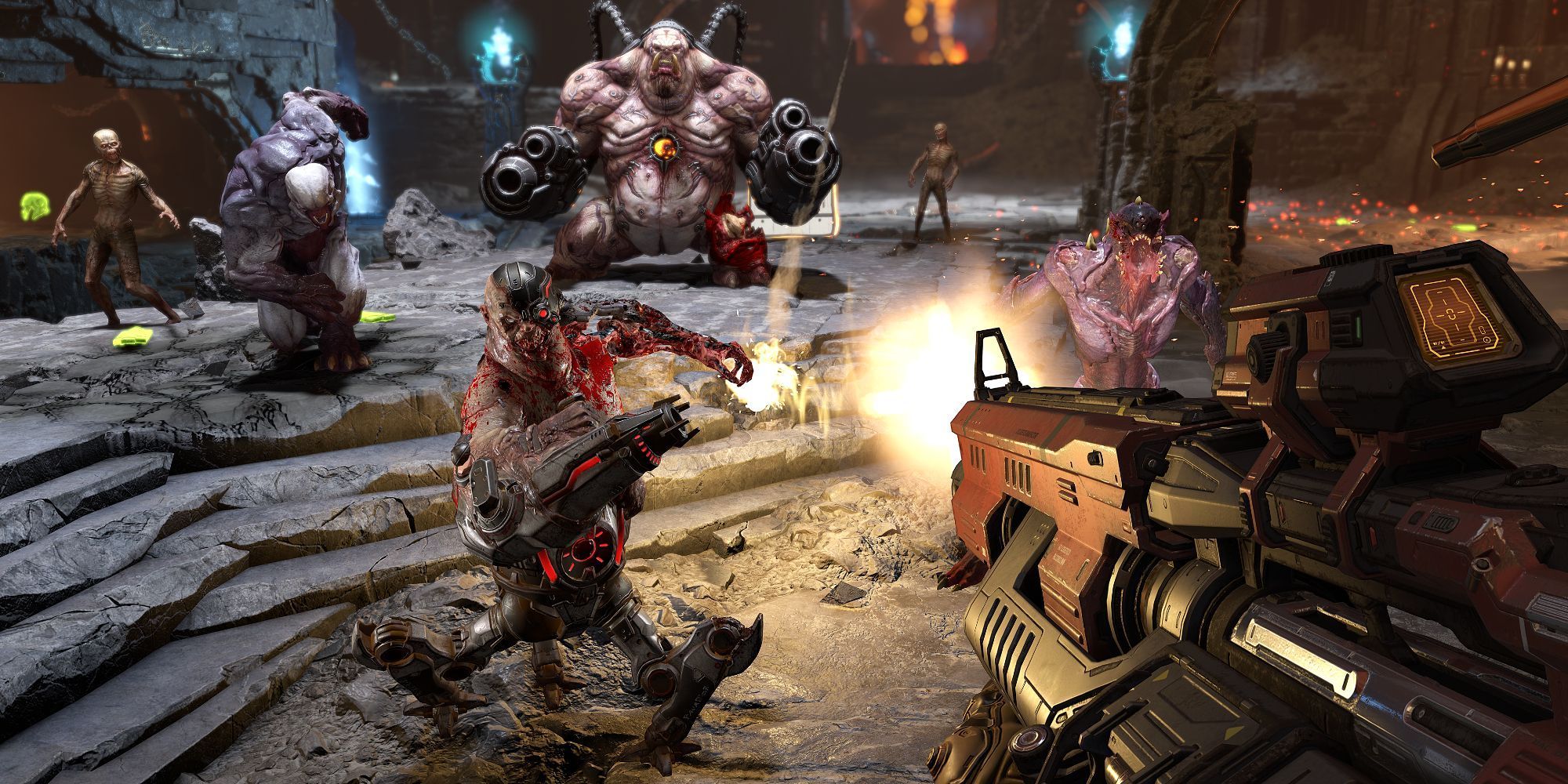 The main character shooting at an assortment of demons.