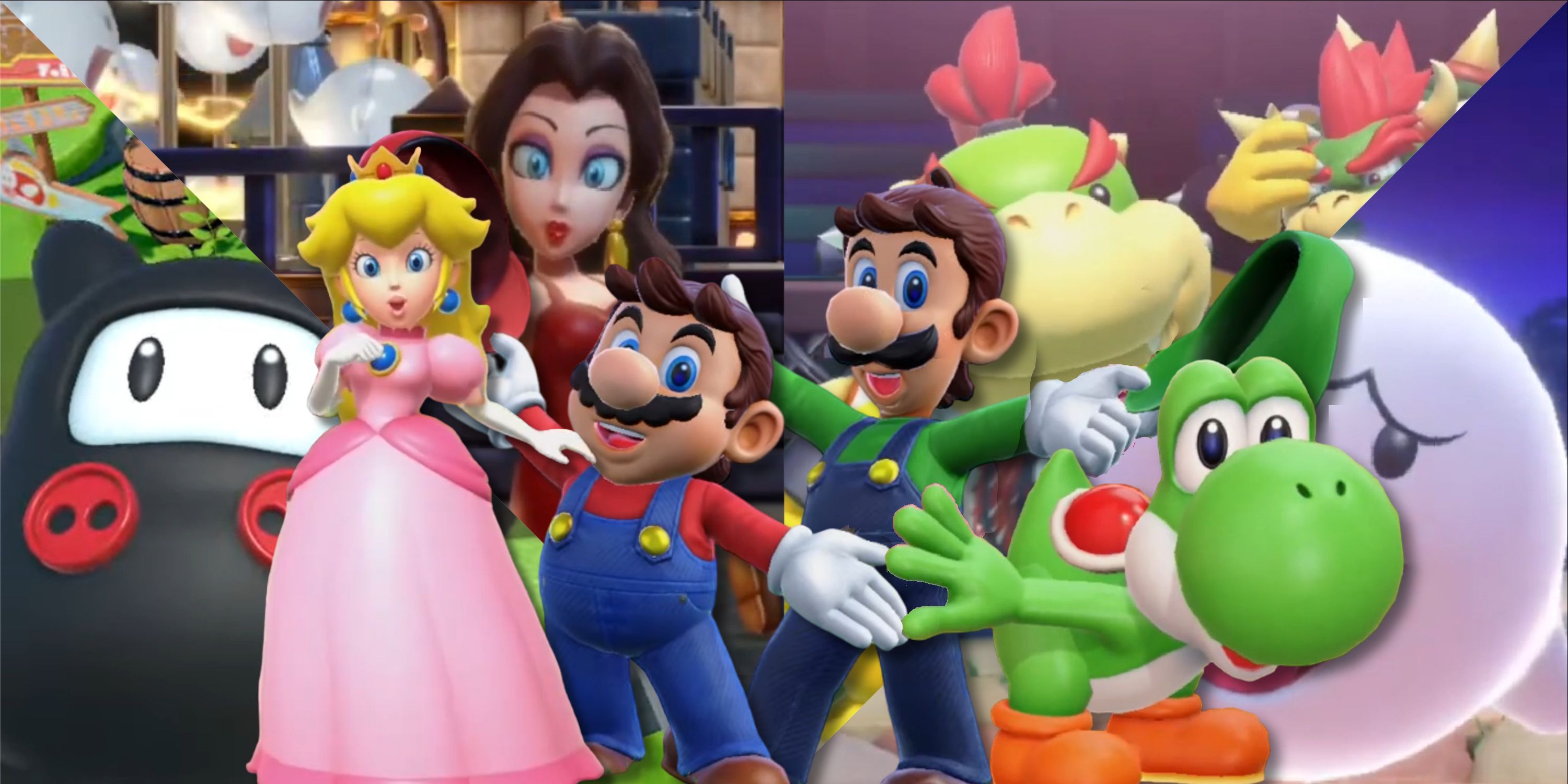 Split image of Mario, Luigi, Peach, Yoshi, Ninji, Pauline, Boo, and Baby Bowser in Super Mario Party Jamboree