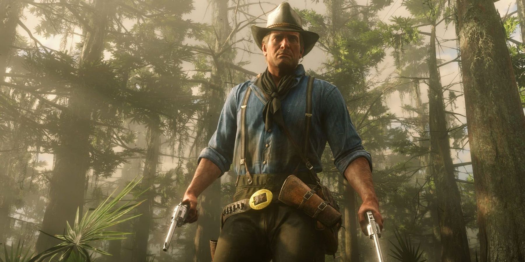 Arthur Morgan dual wielding pistols in Red Dead Redemption 2