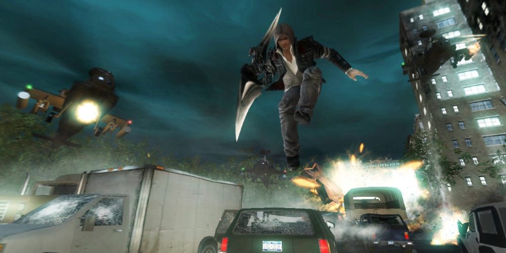 Prototype screenshot of Alex Mercer jumping over cars with explosions in the background and a few helicopters in the air.