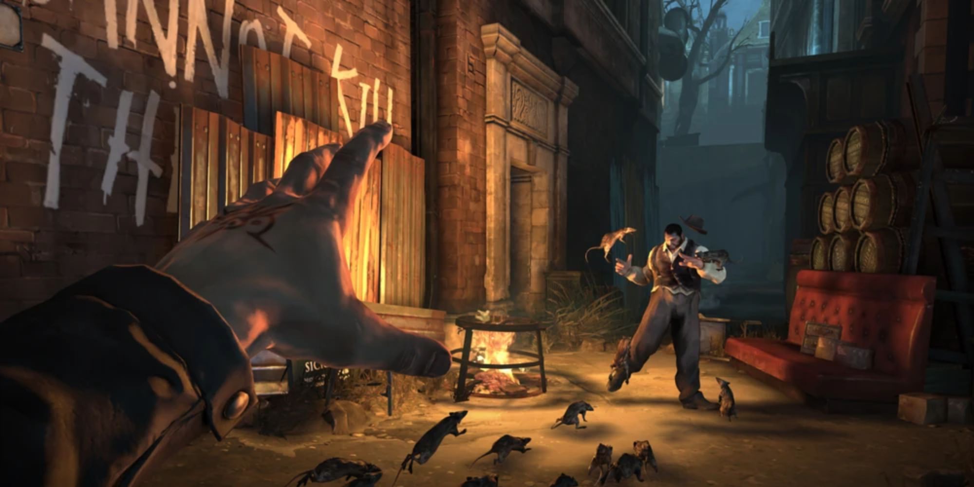 Corvo summons a rat swarm to attack a guard in Dishonored.