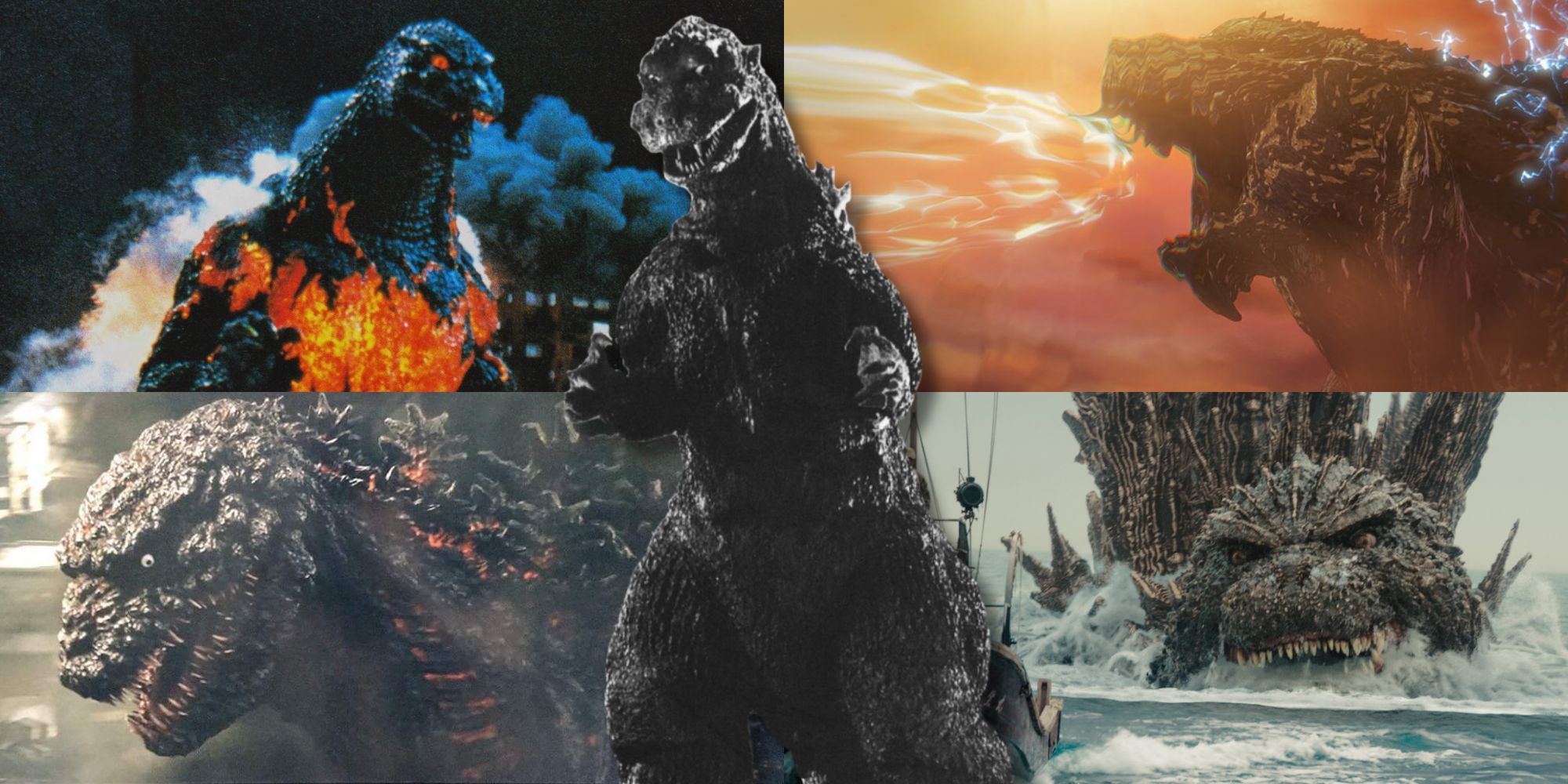 A collage of different incarnations of Godzilla from some of his darker movies: Godzilla (1954), Burning Godzilla from Vs. Destoroyah, Godzilla Earth, Shin Godzilla and Godzilla Minus One.