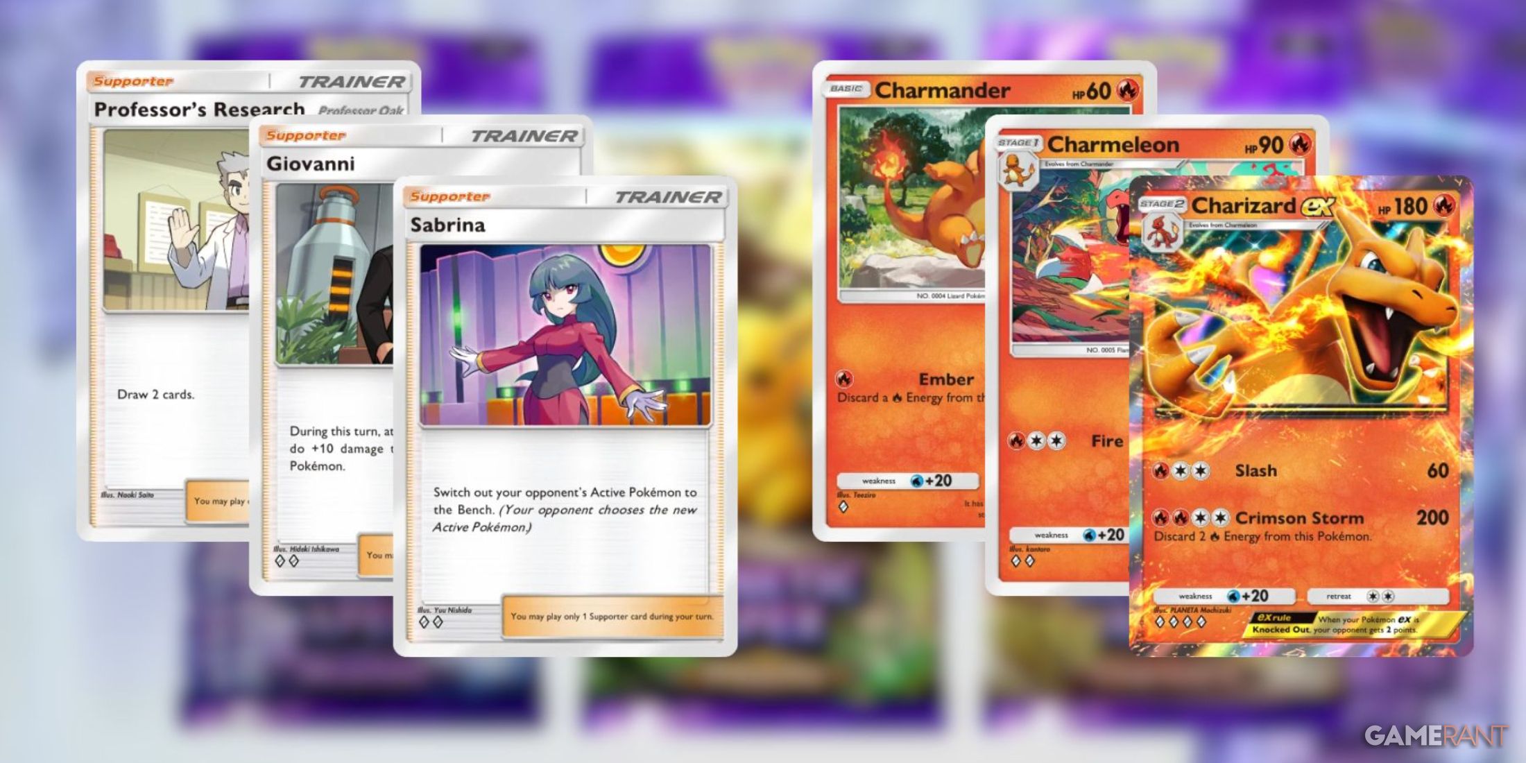 Professors Research, Giovanni and Charizards evolutionary line in Pokémon TCG Pocket