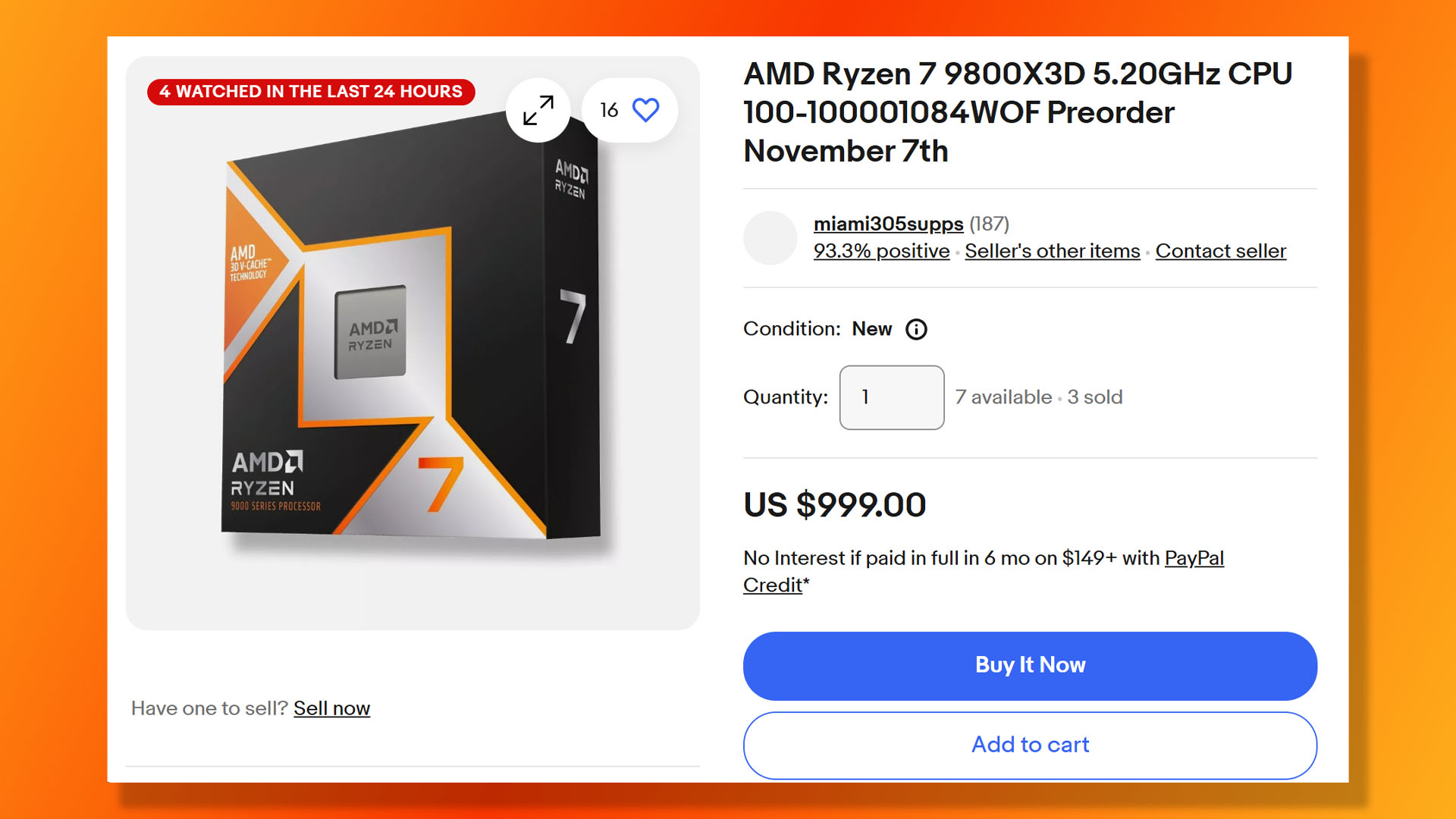 AMD Ryzen 7 9800X3D sold out: CPU priced at $999 on eBay.