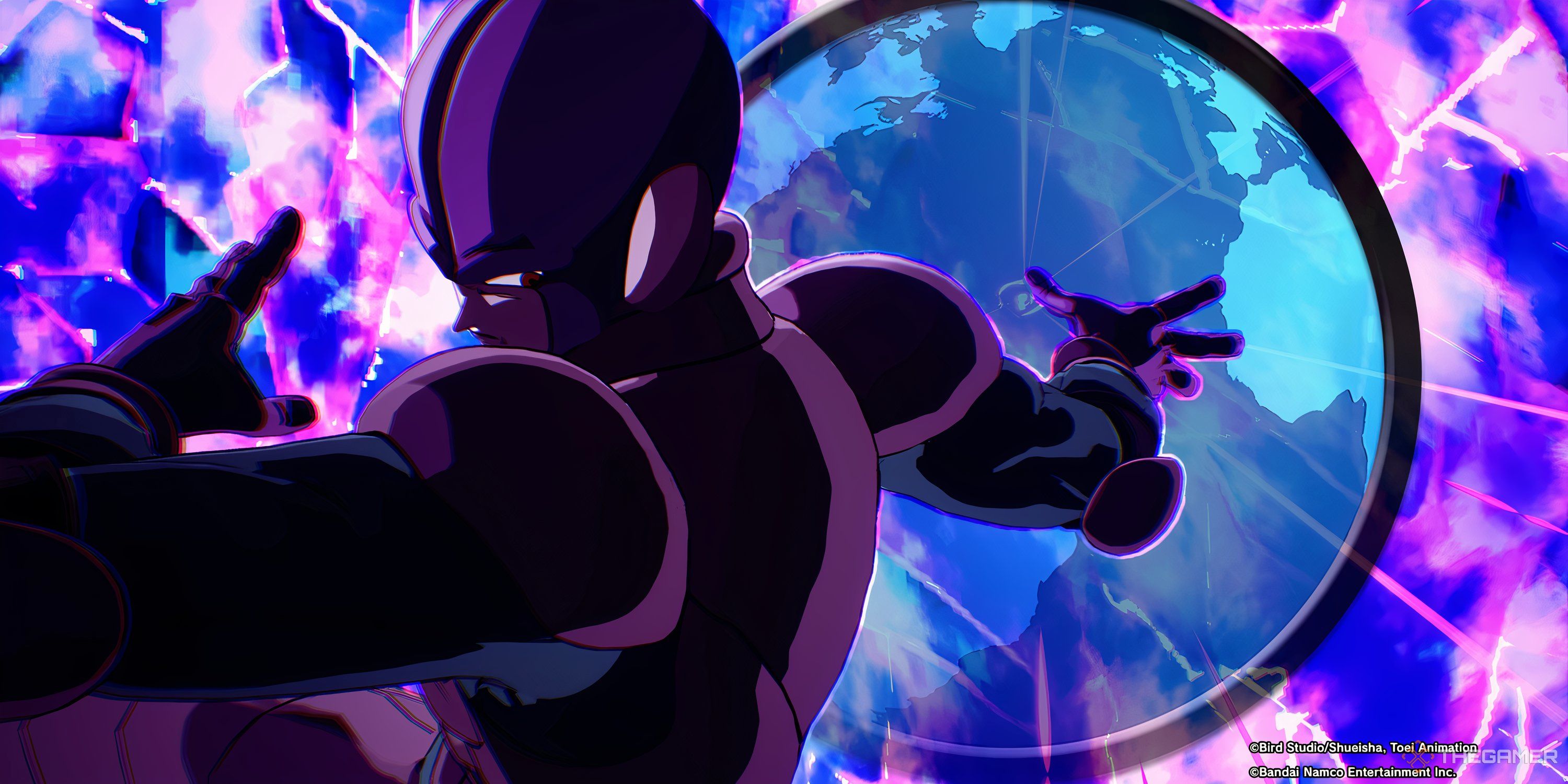 Hit unleashes an Ultimate Blast attack against a transparent globe background in this custom image created for Dragon Ball: Sparking Zero.