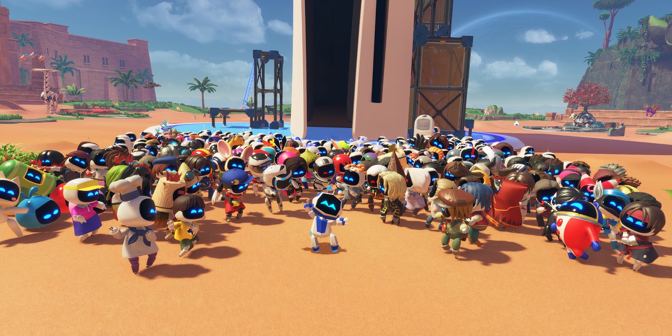 Astro Bot posing with all the bots at the crash site. 