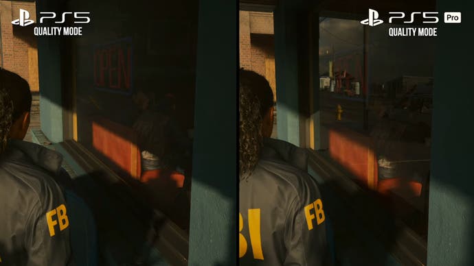 Alan Wake 2: PS5 Pro vs PS5 quality mode, showing differences in reflections - a coffee shop window reflects nicely