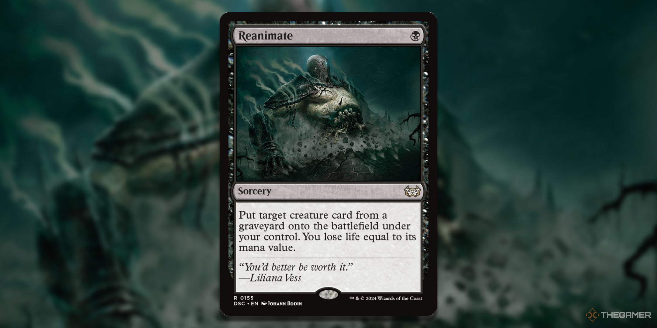 MTG Reanimate card with the art in the background.