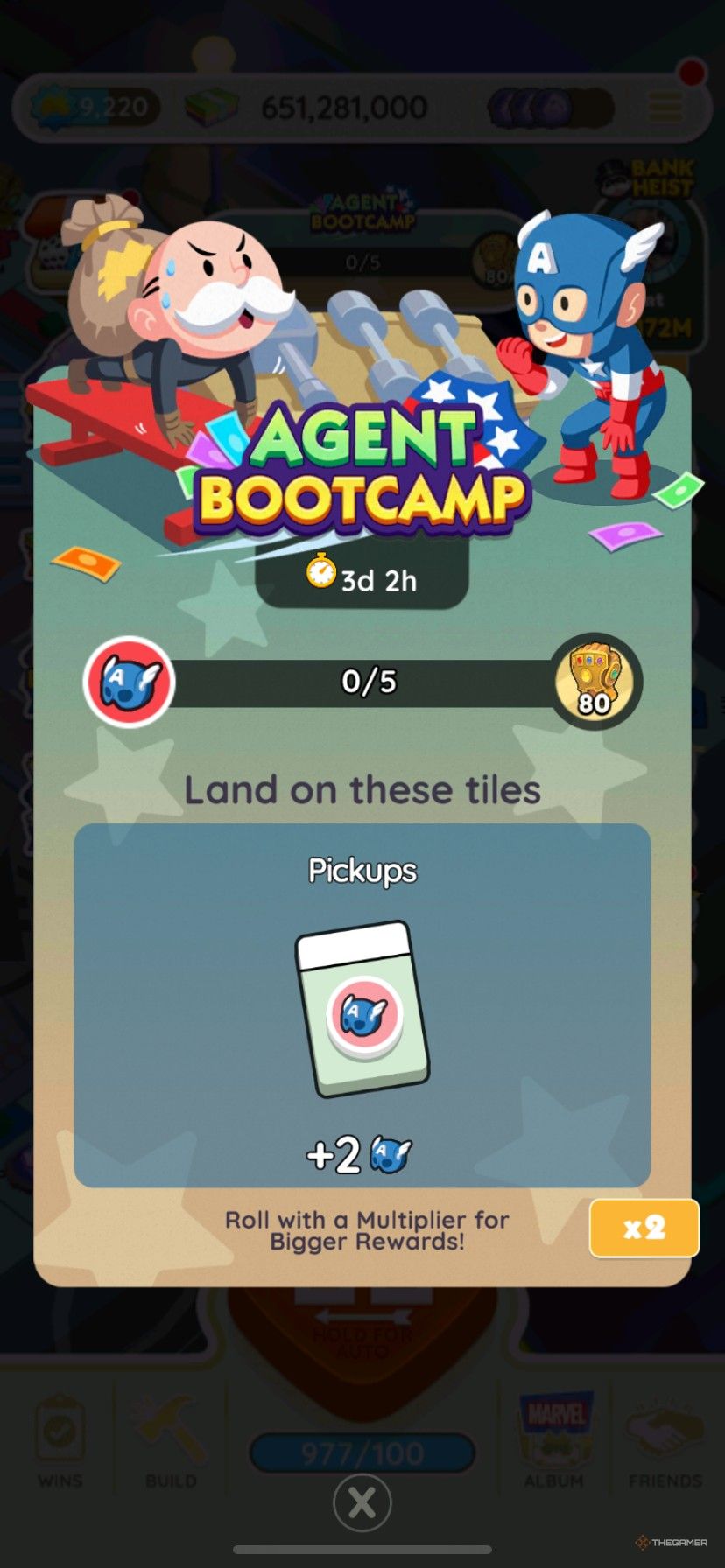 Start screen showing the Agent Bootcamp pickup tiles with Mr. Monopoly working out with Captain America in Monopoly Go.