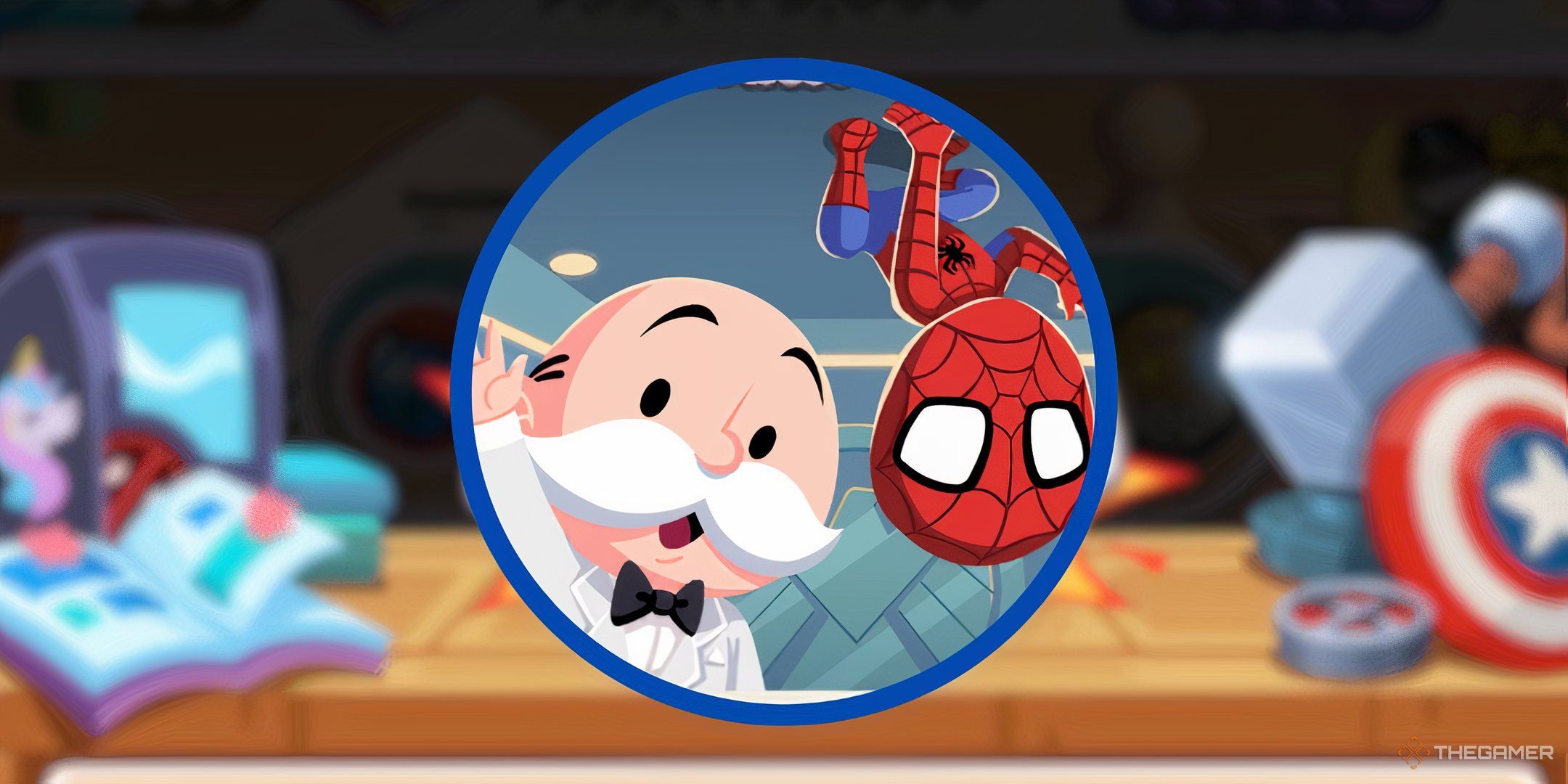 Mr. Monopoly and Spiderman in front of the start screen clutter for Amazing Partners in Monopoly Go.