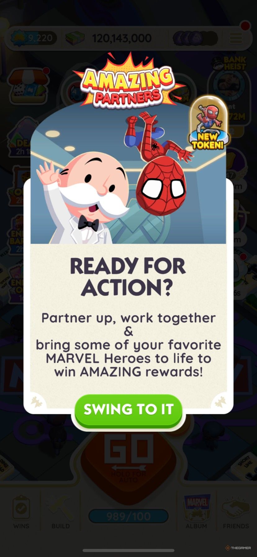 Start screen for Amazing Partners with Mr. Monopoly and Spiderman in Monopoly Go.