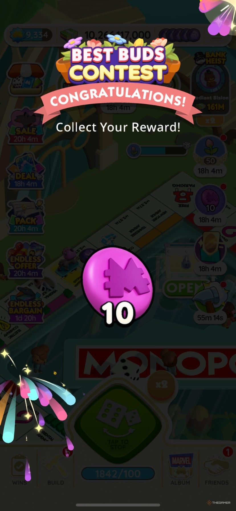 Earning 10 free Juggle Jam tokens in Monopoly Go from Best Buds Contest.