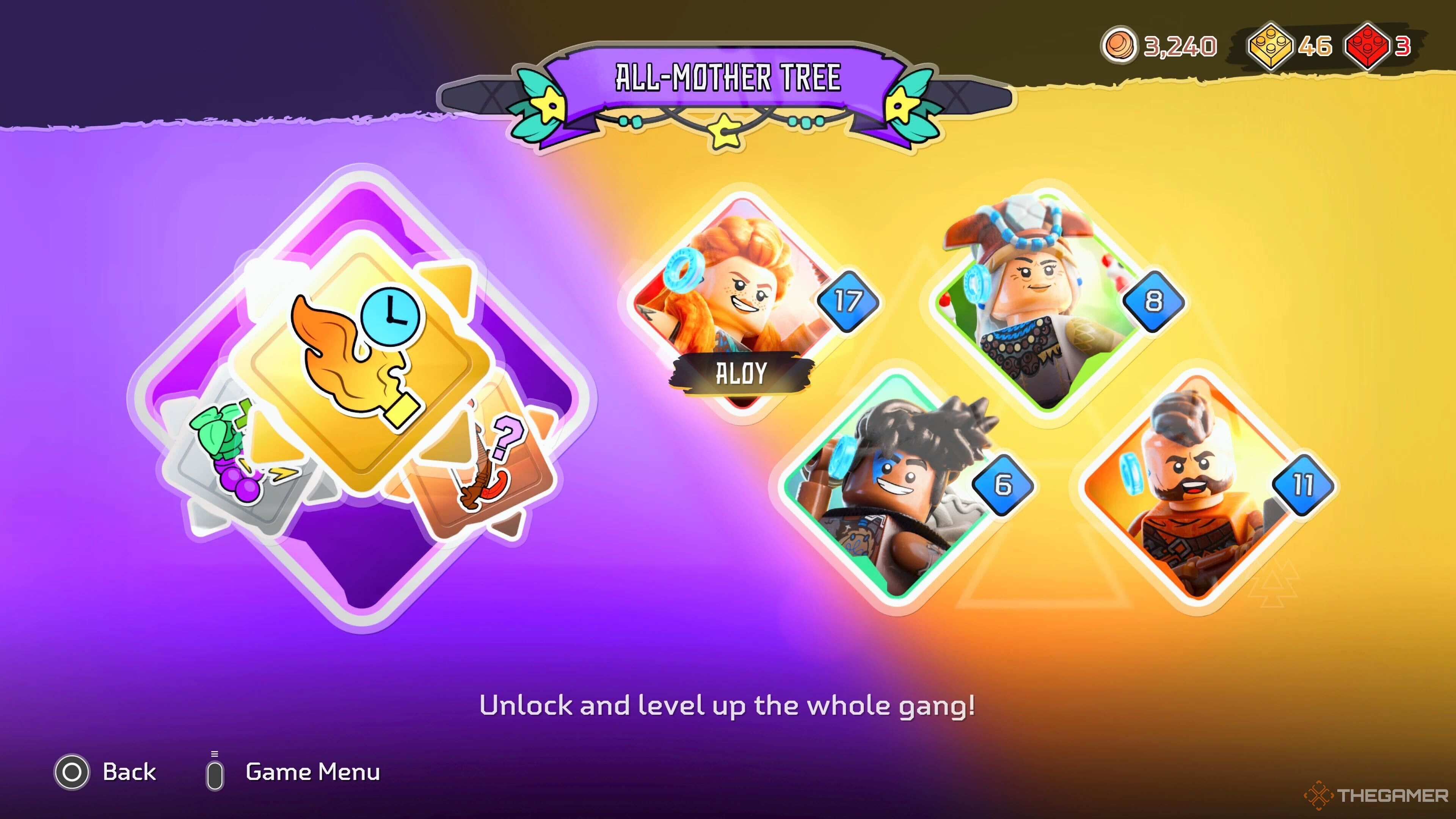 The character upgrades screen showing all levels in Lego Horizon Adventures.