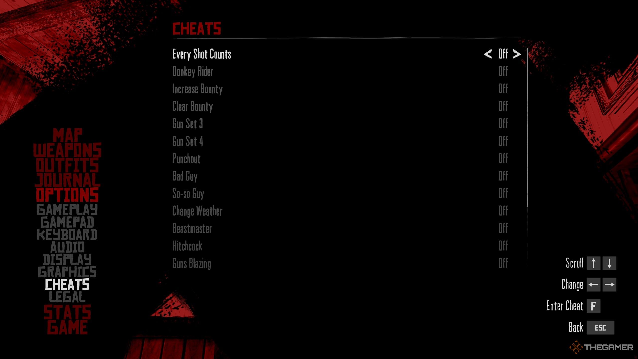 The player showing all the available cheat codes in the main game in Red Dead Redemption.