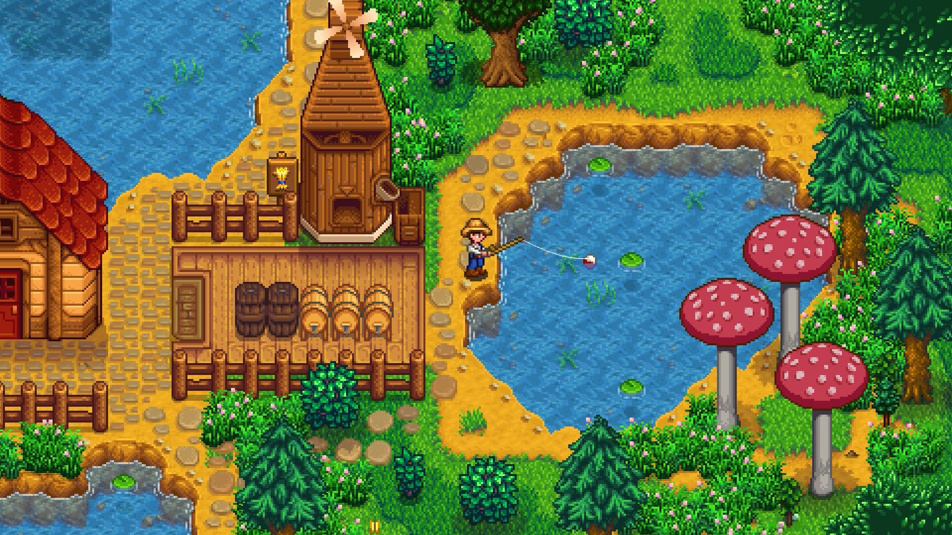 A screenshot from Stardew Valley, featuring the protagonist standing by the water, fishing.