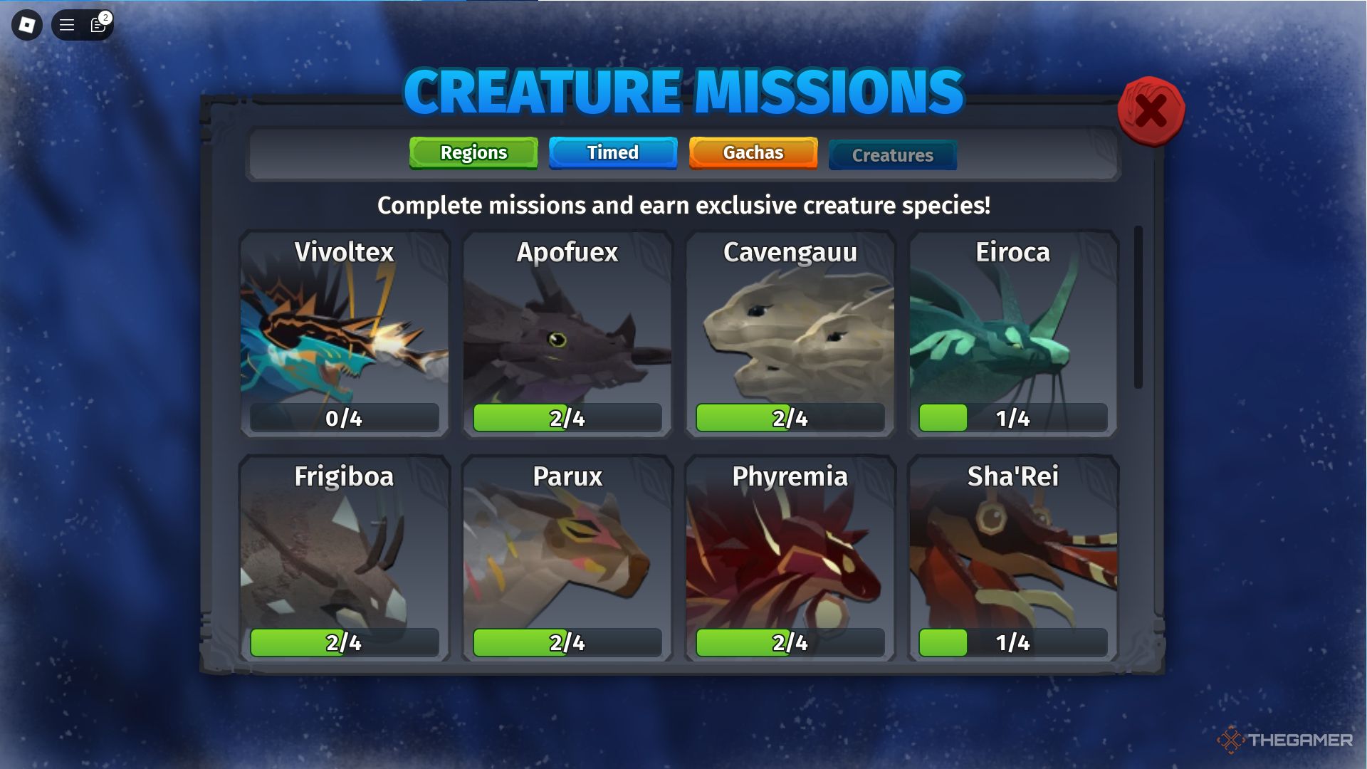 The Creature Missions screen in Creatures of Sonaria on Roblox.