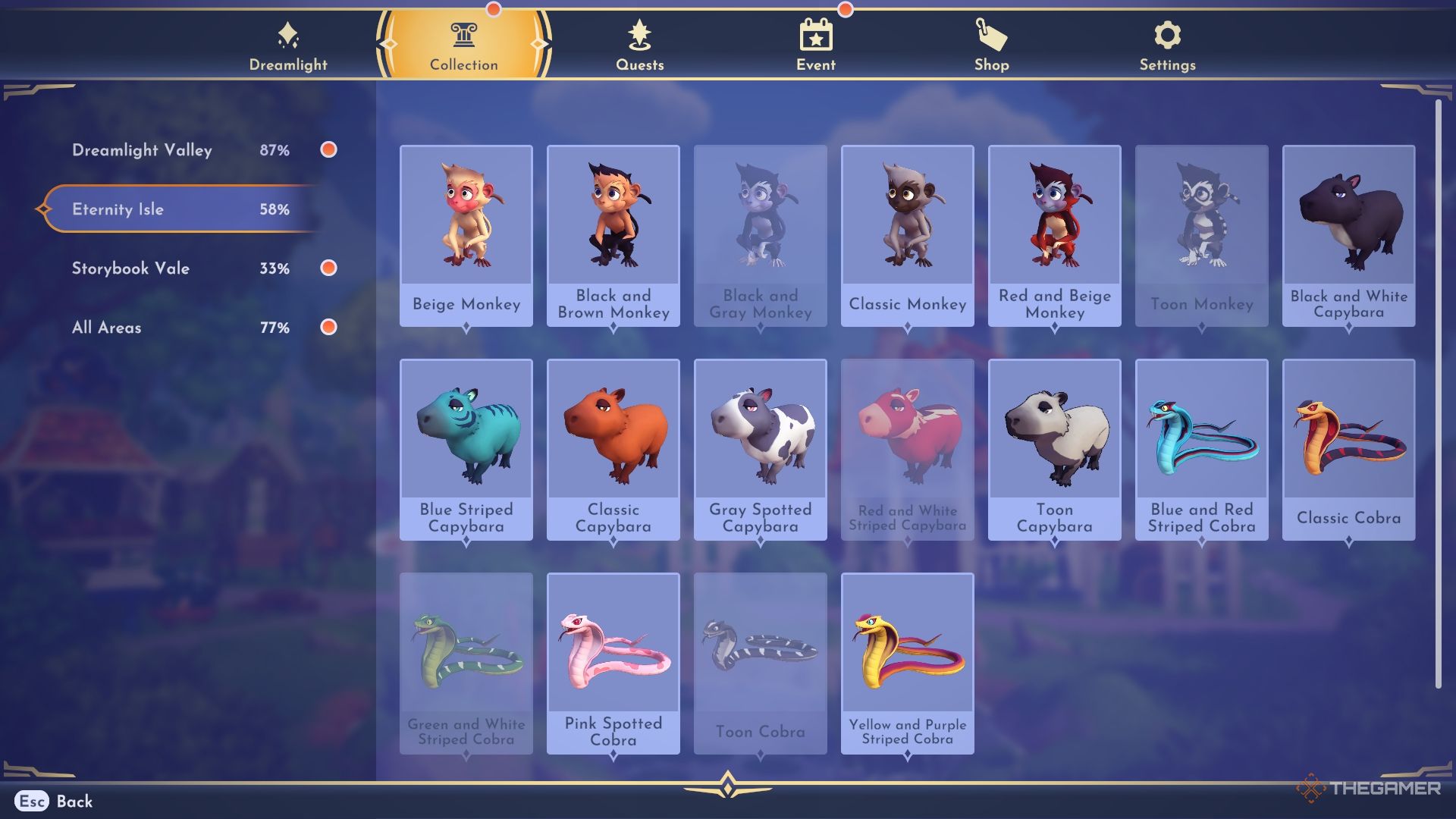 Disney Dreamlight Valley critter menu for Eternity Isle, featuring all monkeys, capybaras, and cobras.