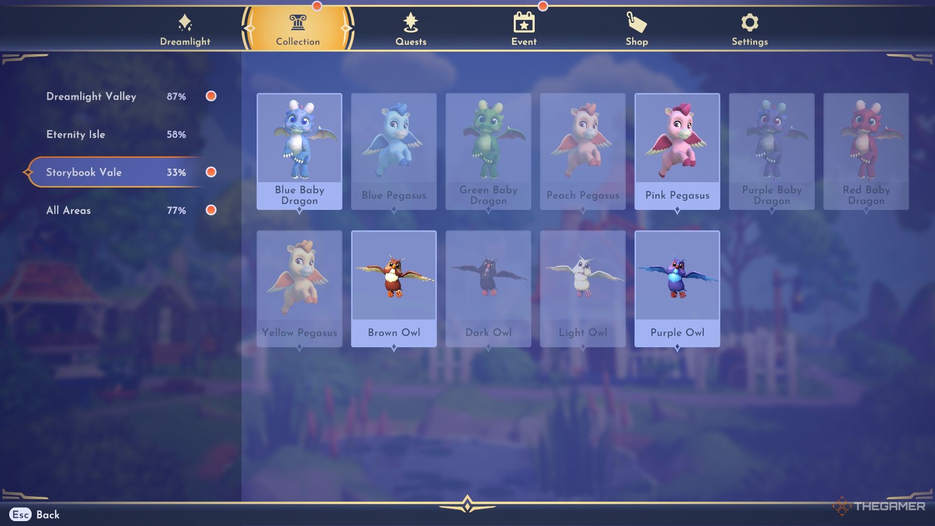 Disney Dreamlight Valley Critter menu for Storybook Vale, including all dragons, pegasuses, and owls.