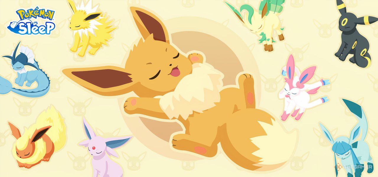 Pokemon Sleep Eevee Week 2024 Event Banner featuring sleeping Eevee in the center surrounded by other eeveelutions.