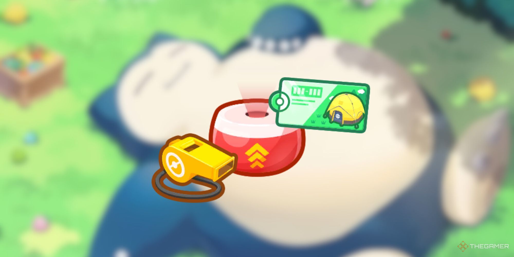 Pokemon Sleep good camp ticket, growth incense, and helper whistle on blurred background