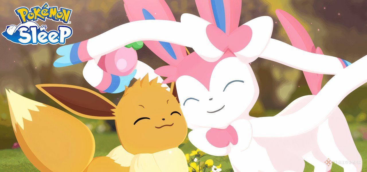 Pokemon Sleep Eevee and Sylveon pressing their faces together on a blurred background.