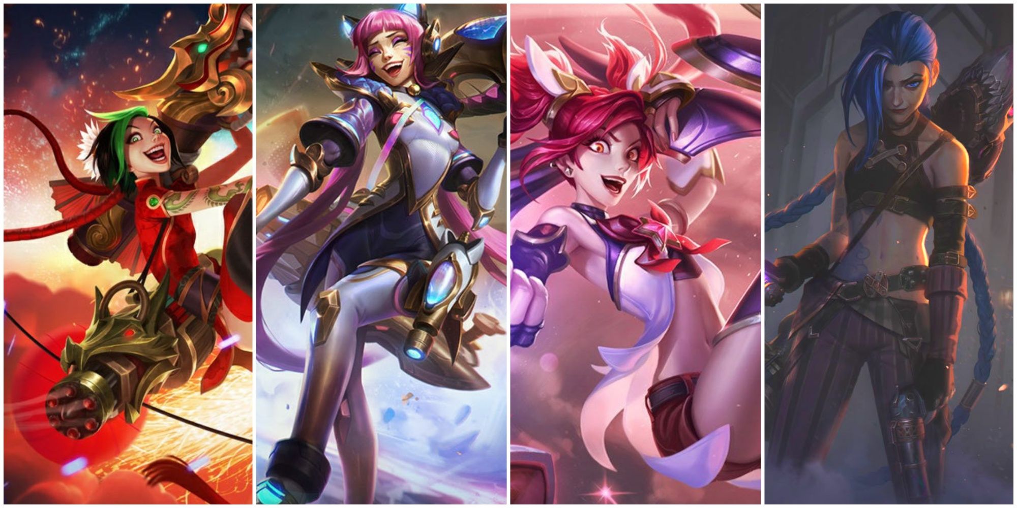 A collage of League of Legends Jinx skins including Arcane Jinx, Prestige Battle Cat Jinx, Star Guardian Jinx and Firecracker Jinx