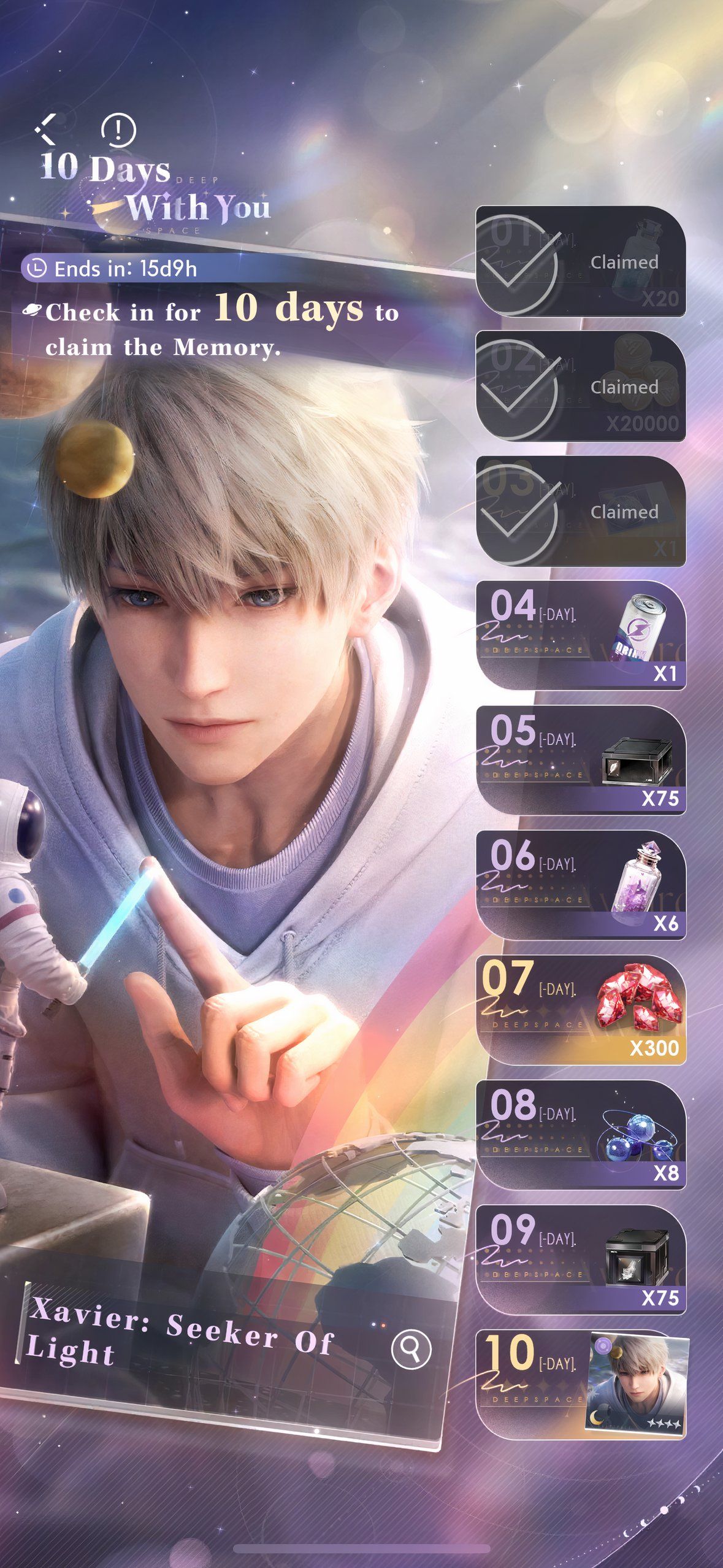 Love And Deepspace: An image of Xavier: Seeker of Light in the 10 Days With You event menu.