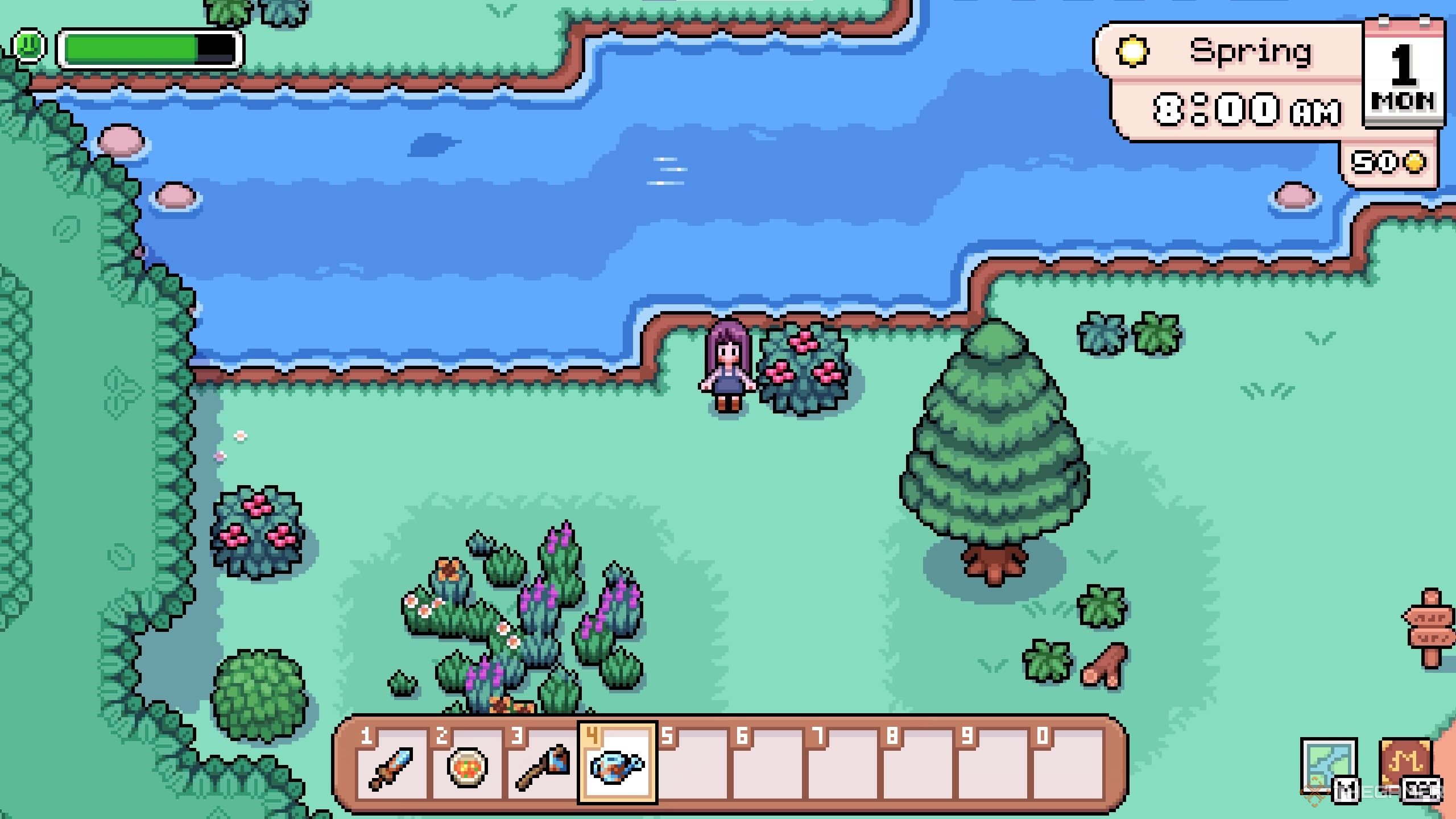 Fields Of Mistria avatar standing near a bush with berries to forage. A river runs horizontally behind the avatar, and the shadow of a fish can be seen in the river. 