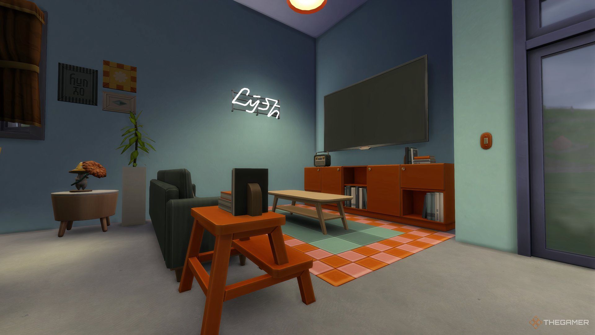 A living room set showing the furniture added in The Sims 4 Cozy Kitsch Kit.