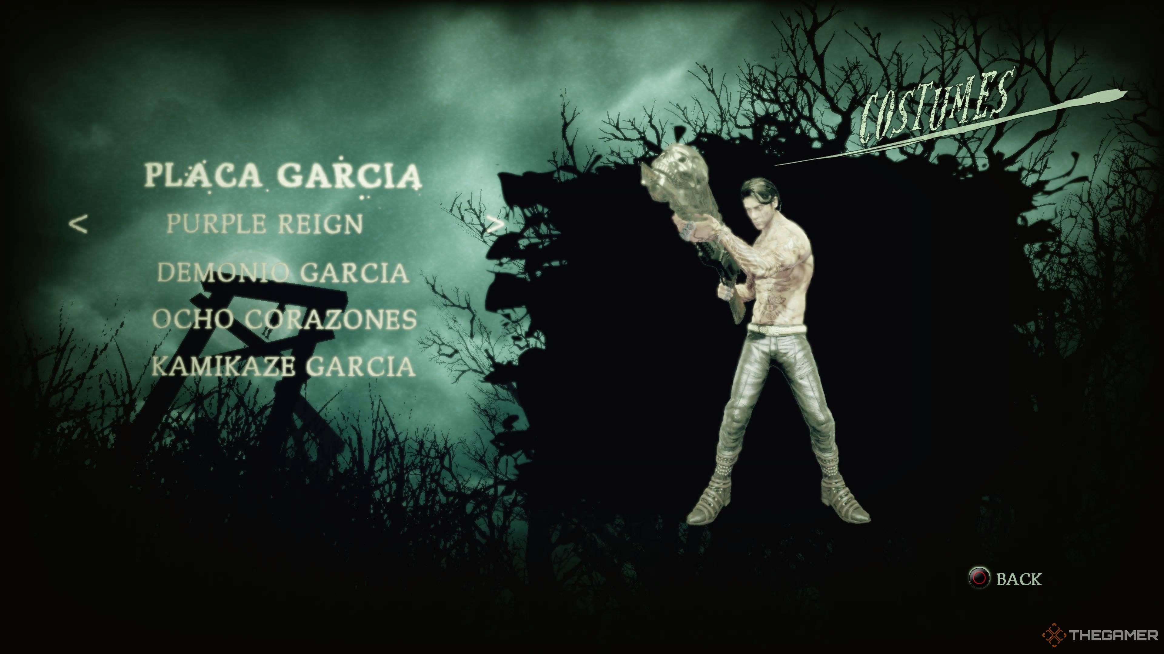 The Placa Garcia costume for Garcia in the costume selection menu in Shadows of the Damned: Hella Remastered.