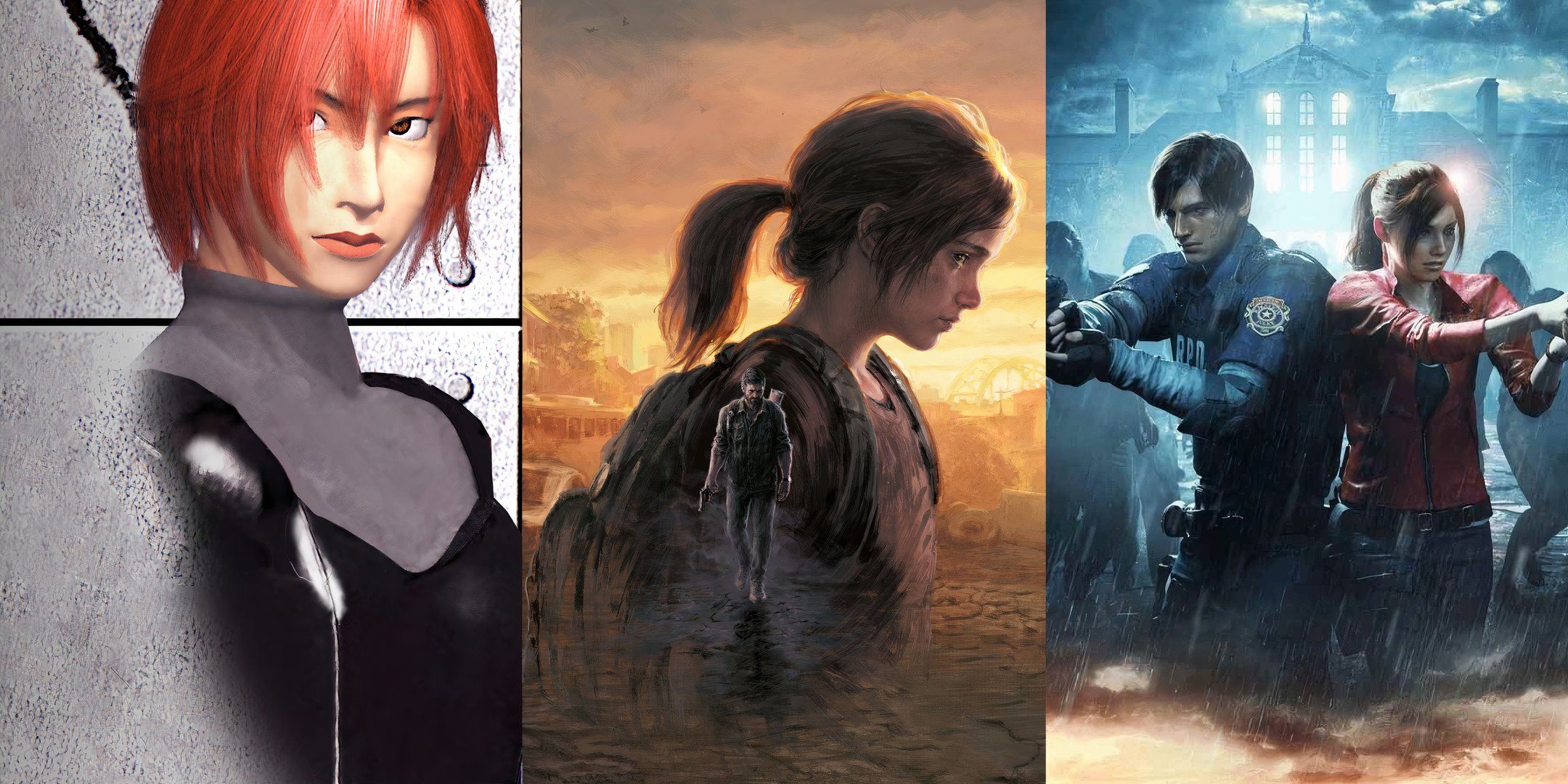 Key art for Dino Crisis, Last of Us Part 1 and Resident Evil 2 remake side by side.