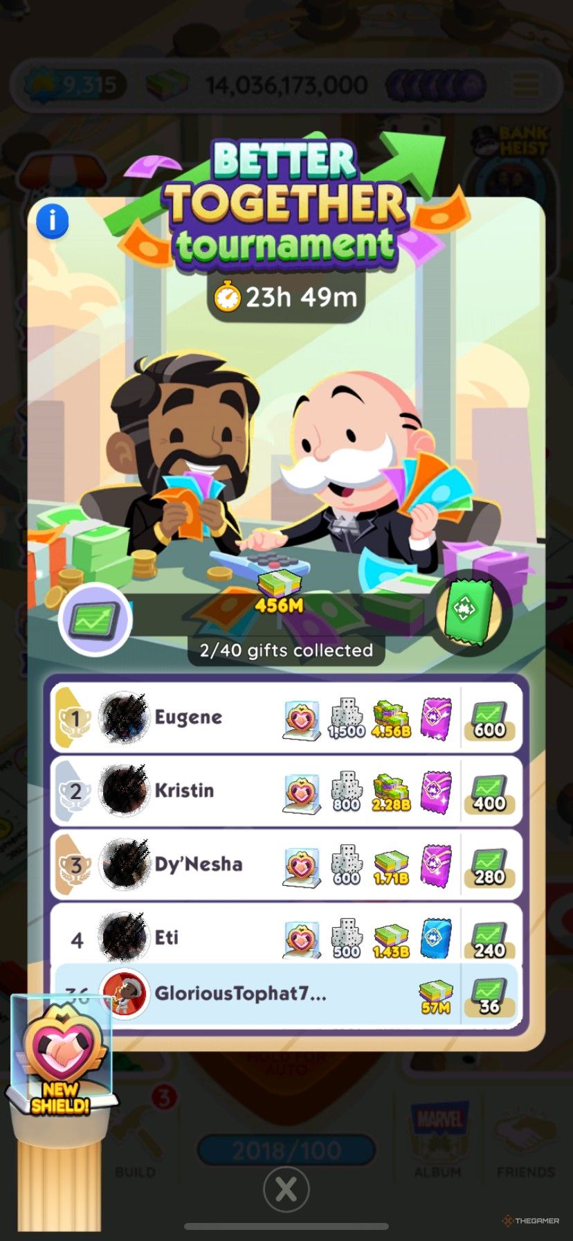 A leaderboard in the Better Together tournament in Monopoly Go showing the top prizes as Mr. Monopoly counts cash with a friend.