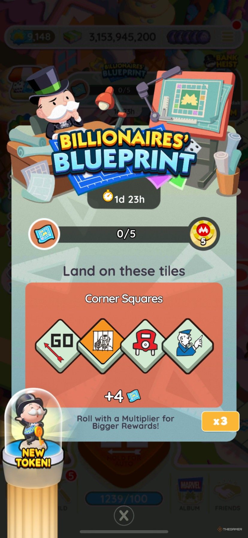 Start screen showing how to earn points in Billionaire's Blueprint in Monopoly Go.