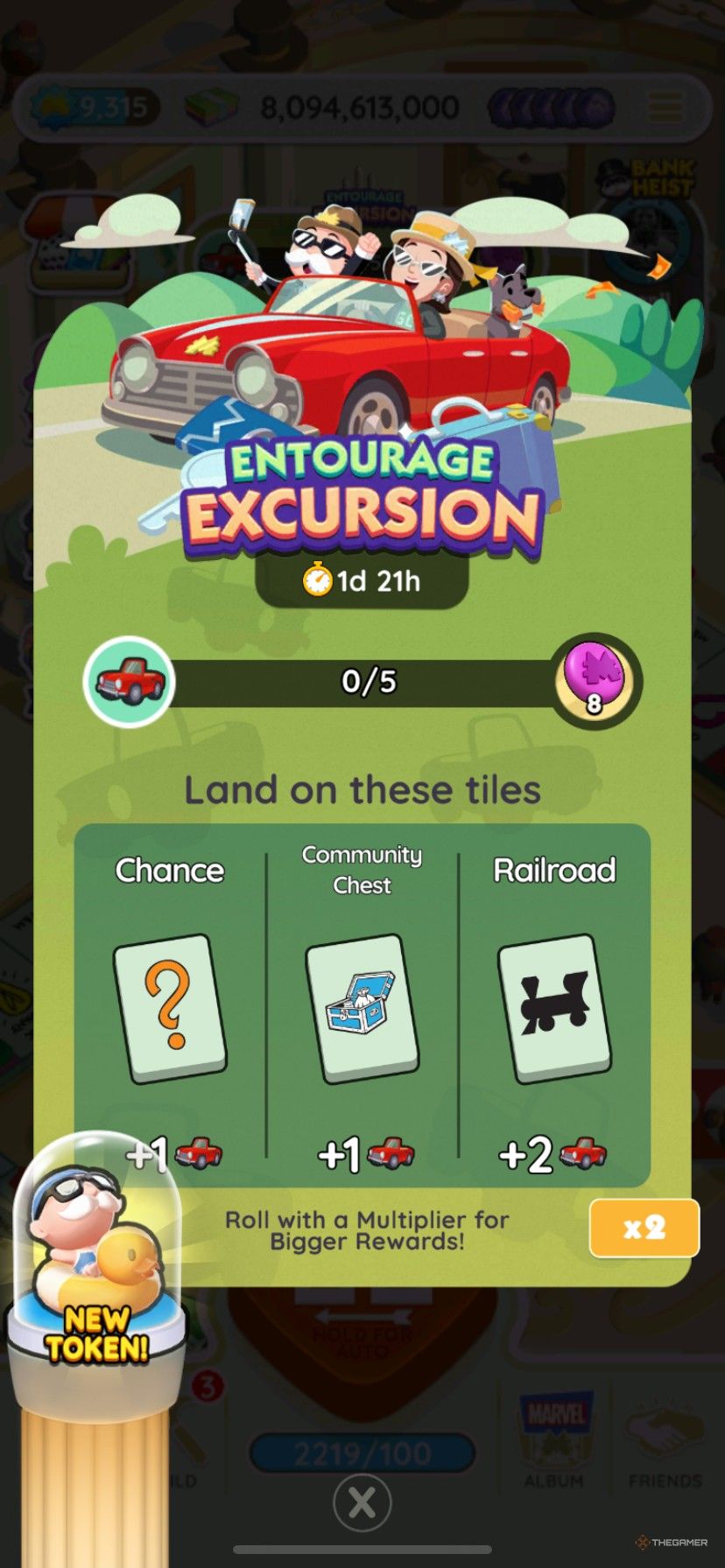 How to earn points in Entourage Excursion in Monopoly Go, showing the Poolside Mr. M token as a reward.