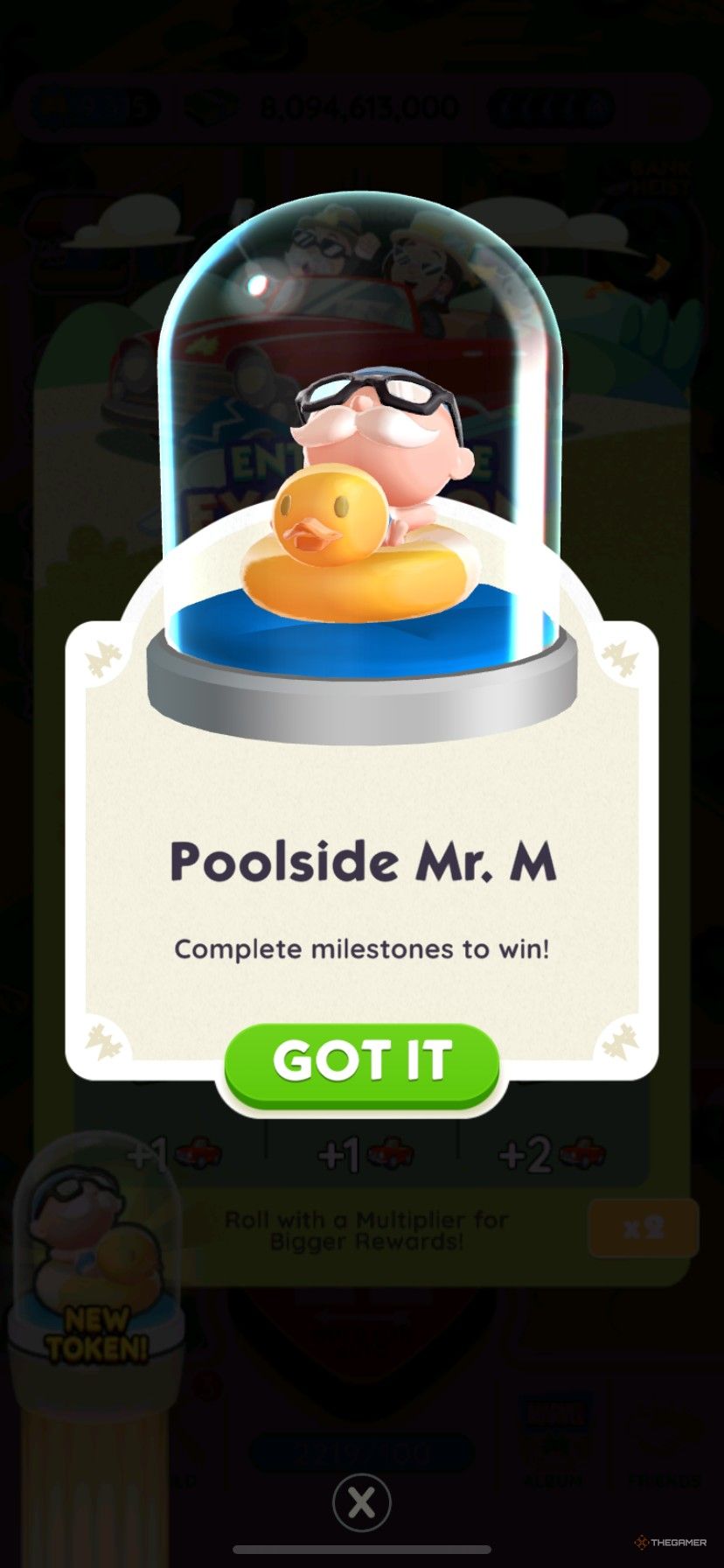 A closer look at the Poolside Mr. M token as a reward in Entourage Excursion in Monopoly Go.