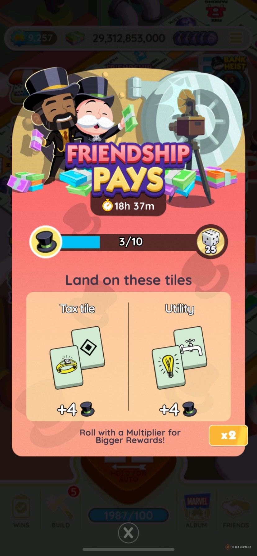 How to earn points for Friendship Pays in Monopoly Go by landing on taxes and utilities, with the event logo above the instructions.